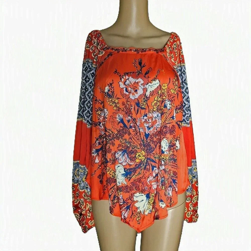 Free People Positano Printed Blouse - Red Cherry Combo - XS NWT